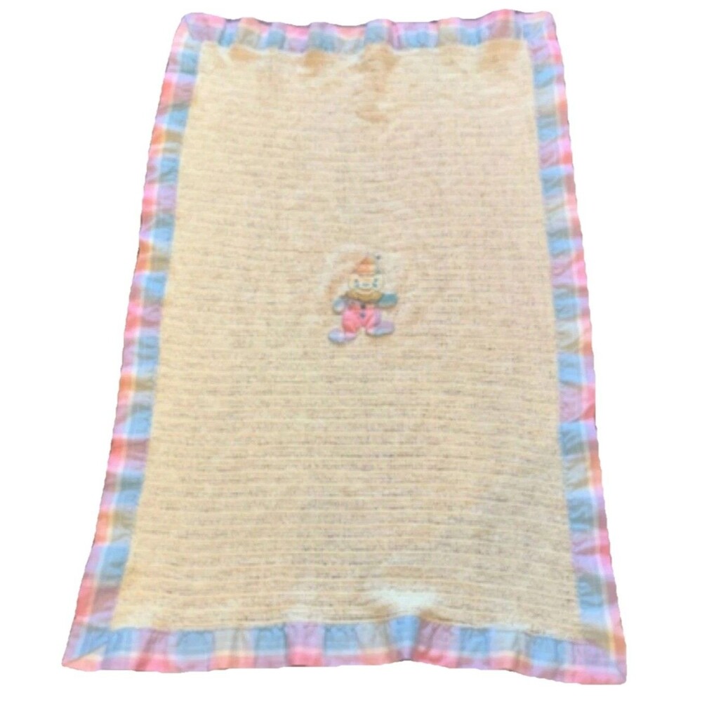 Rare Vintage BEACON Pastel Plaid SATIN TRIM Lg CLOWN 40x33 Acrylic Baby Blanket